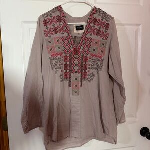 Embroidered Long Sleeve Top - Pink and Gray